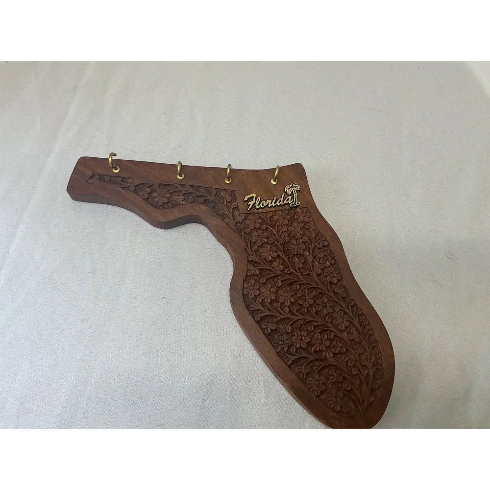 Vintage FL State Shaped Hand Carved Wood Key Holder Wall Decor 4 Hooks India